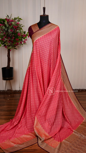 Semi Crepe Georgette Saree With Zari Butta And Mango Motif Zari Contrast Border