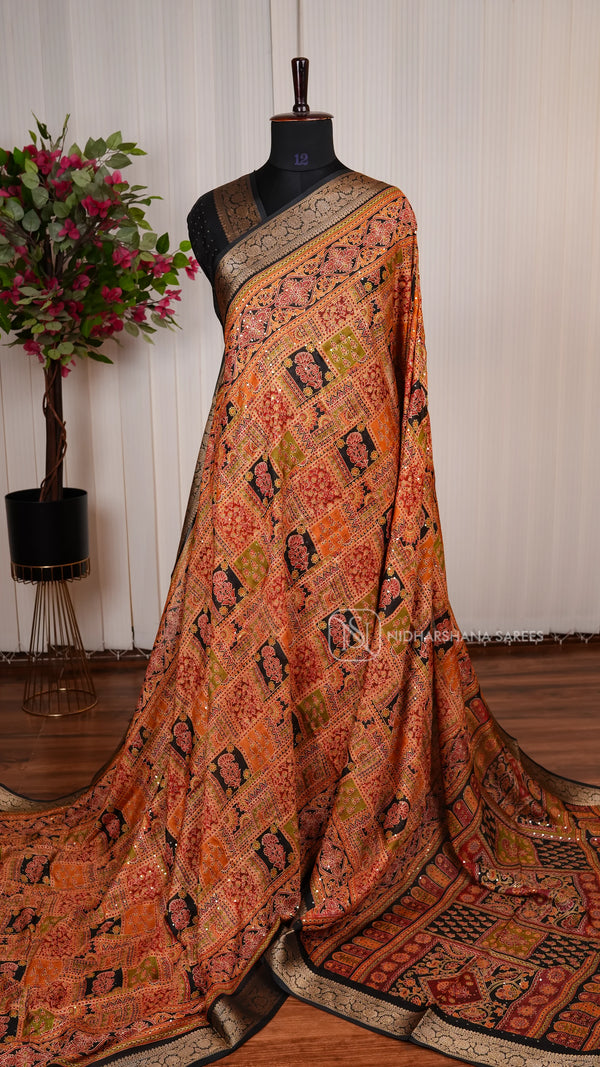 Georgette Saree With Sequence Stone Concept And Floral Zari Border
