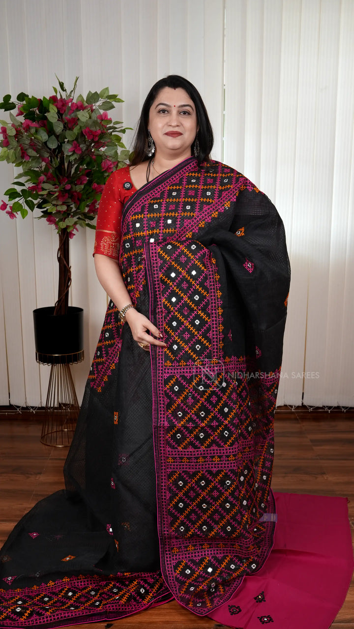 Kota Cotton Saree with Kutch Embroidery And Mirror Work
