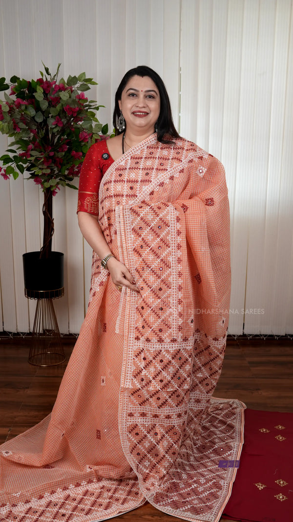 Kota Cotton Saree with Kutch Embroidery And Mirror Work