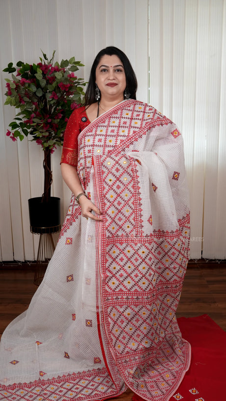 Kota Cotton Saree with Kutch Embroidery And Mirror Work