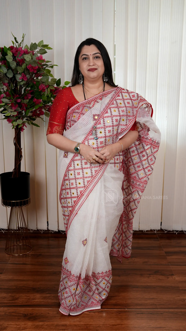 Kota Cotton Saree with Kutch Embroidery And Mirror Work