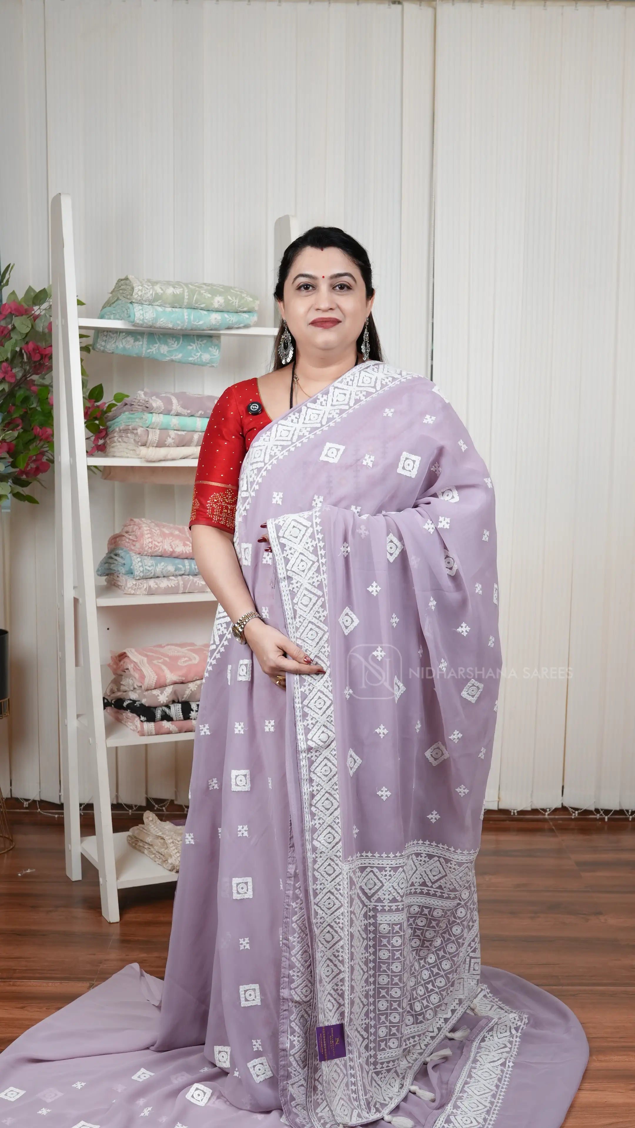 Lightweight Georgette Party Wear Saree With Intricate Geometric Embroidery