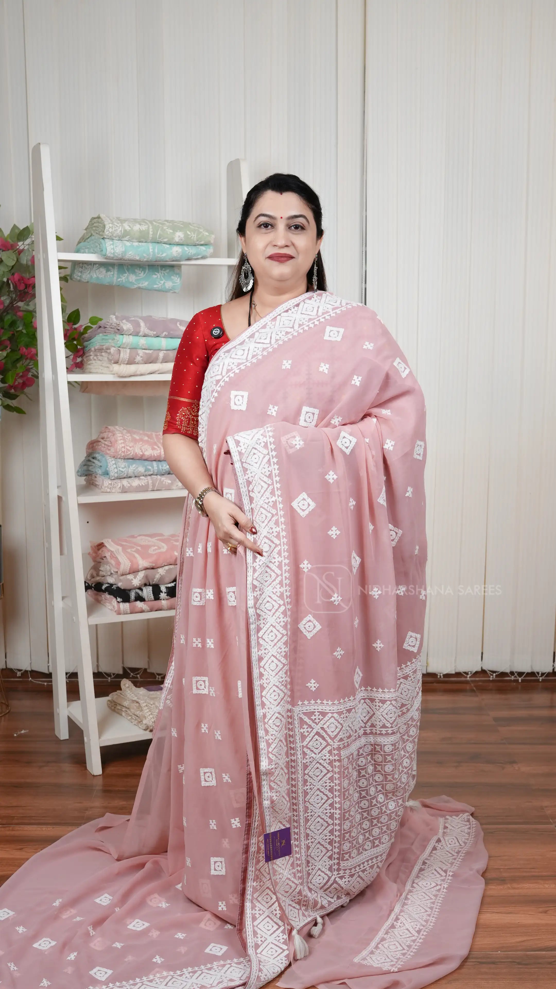 Lightweight Georgette Party Wear Saree With Intricate Geometric Embroidery