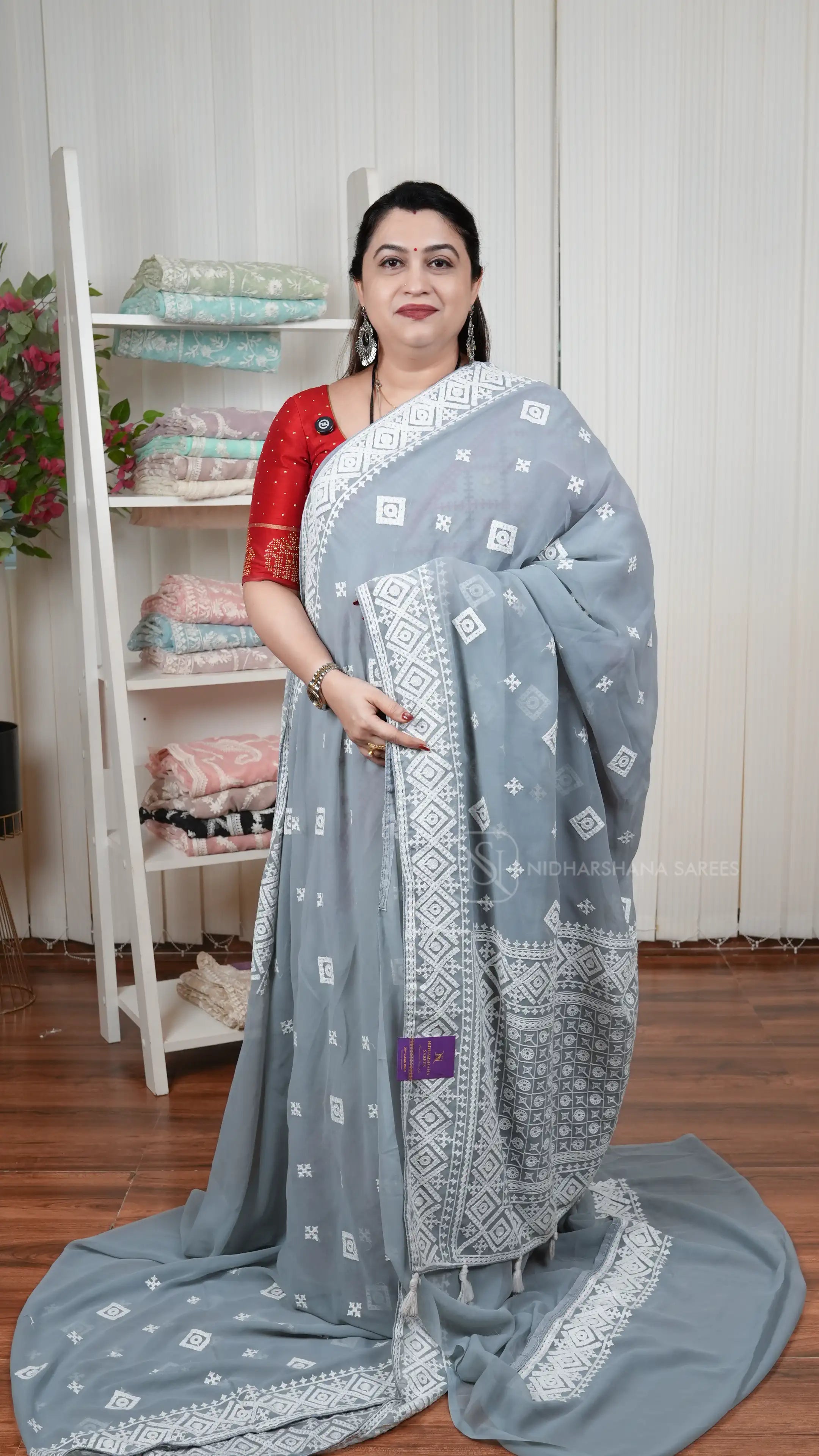 Lightweight Georgette Party Wear Saree With Intricate Geometric Embroidery