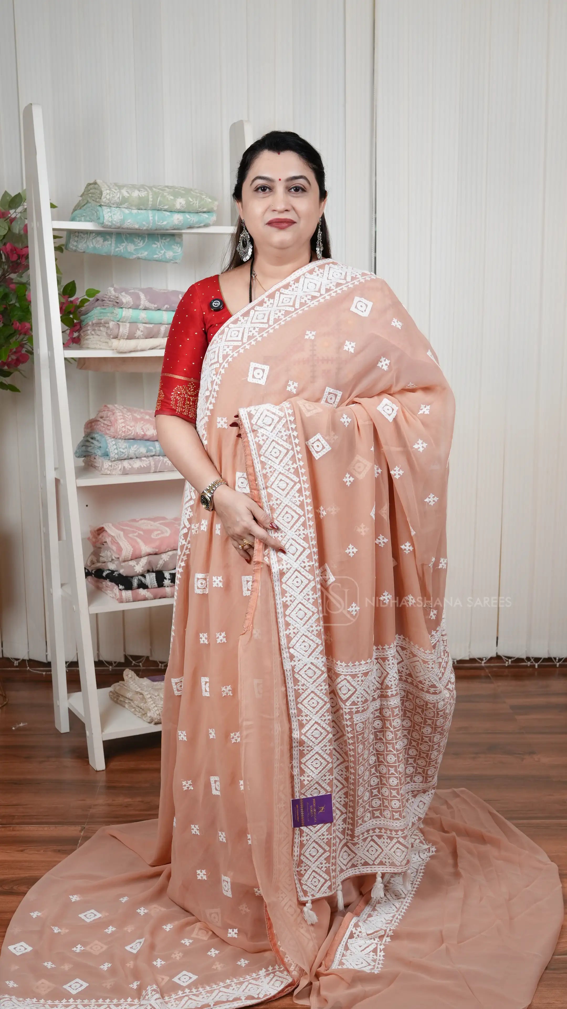 Lightweight Georgette Party Wear Saree With Intricate Geometric Embroidery