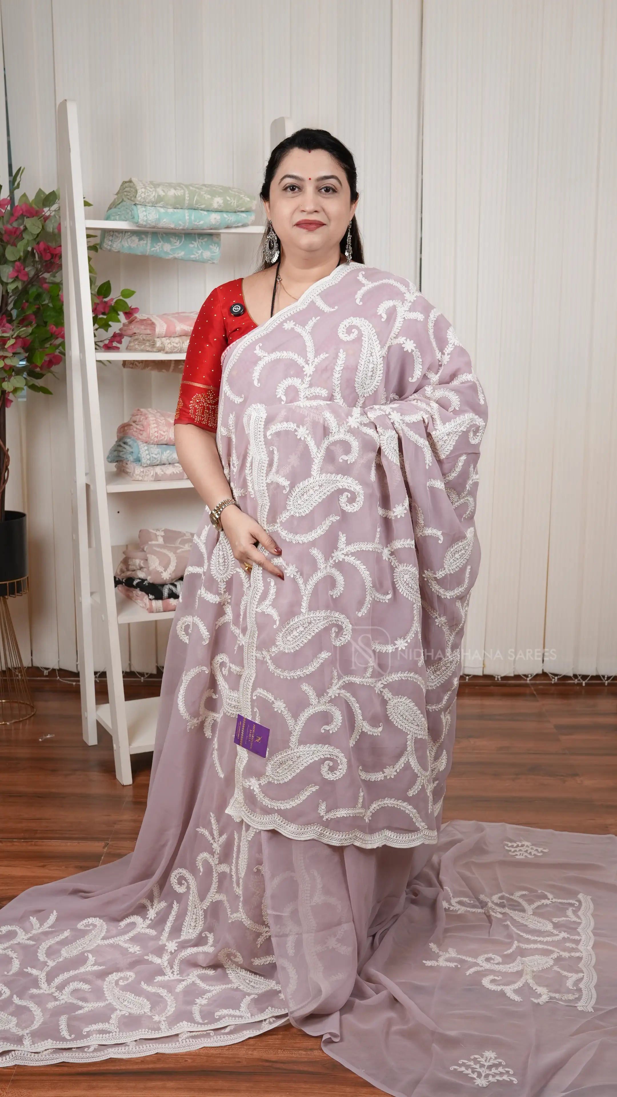 Georgette Party Wear Saree With Mango Motifs Embroidery Concept