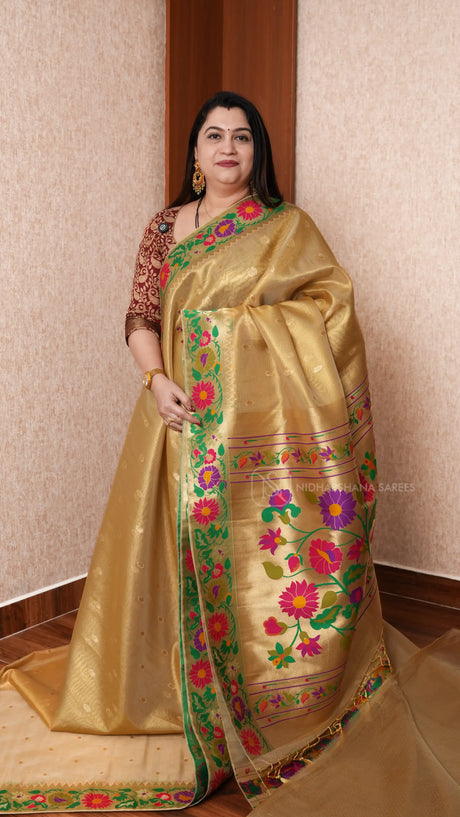Tissue Paithani Silk Saree With Elegant Geometric Border & Floral Design