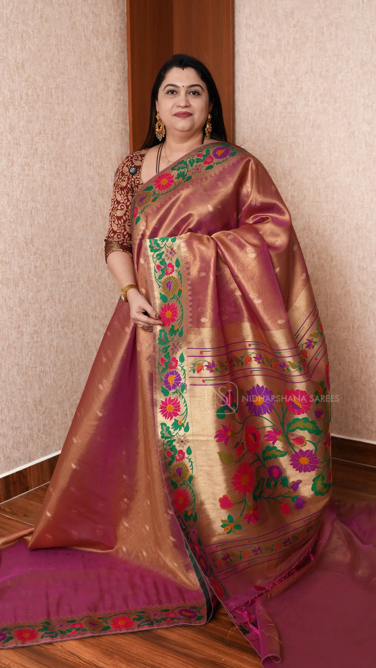 Tissue Paithani Silk Saree With Elegant Geometric Border & Floral Design