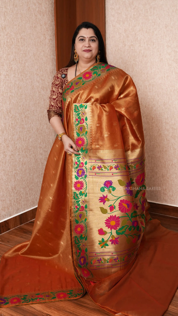 Tissue Paithani Silk Saree With Elegant Geometric Border & Floral Design
