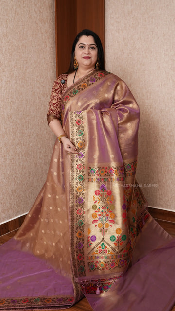 Tissue Paithani Silk Saree With Elegant Geometric Border And Floral Design
