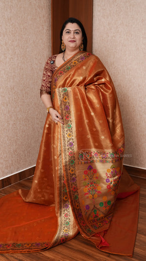 Tissue Paithani Silk Saree With Elegant Geometric Border & Floral Design