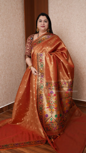 Tissue Paithani Silk Saree With Elegant Geometric Border & Floral Design