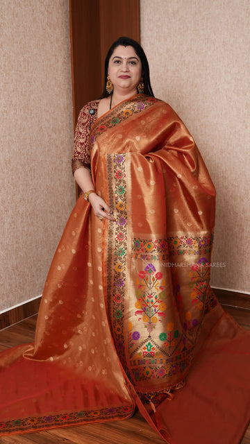Tissue Paithani Silk Saree With Elegant Geometric Border & Floral Design