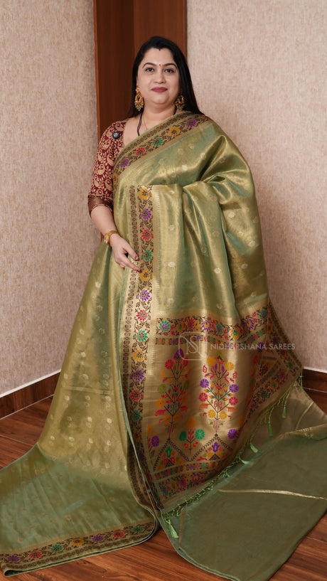 Tissue Paithani Silk Saree With Elegant Geometric Border & Floral Design