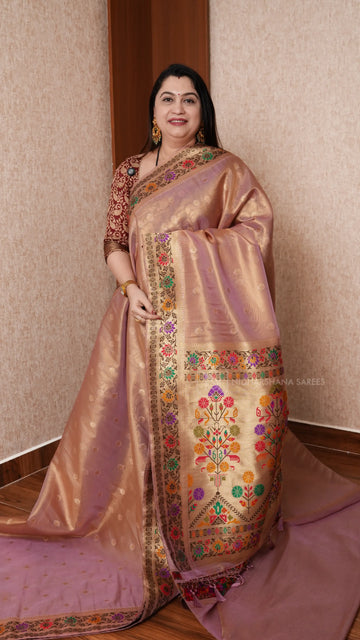 Tissue Paithani Silk Saree With Elegant Geometric Border & Floral Design