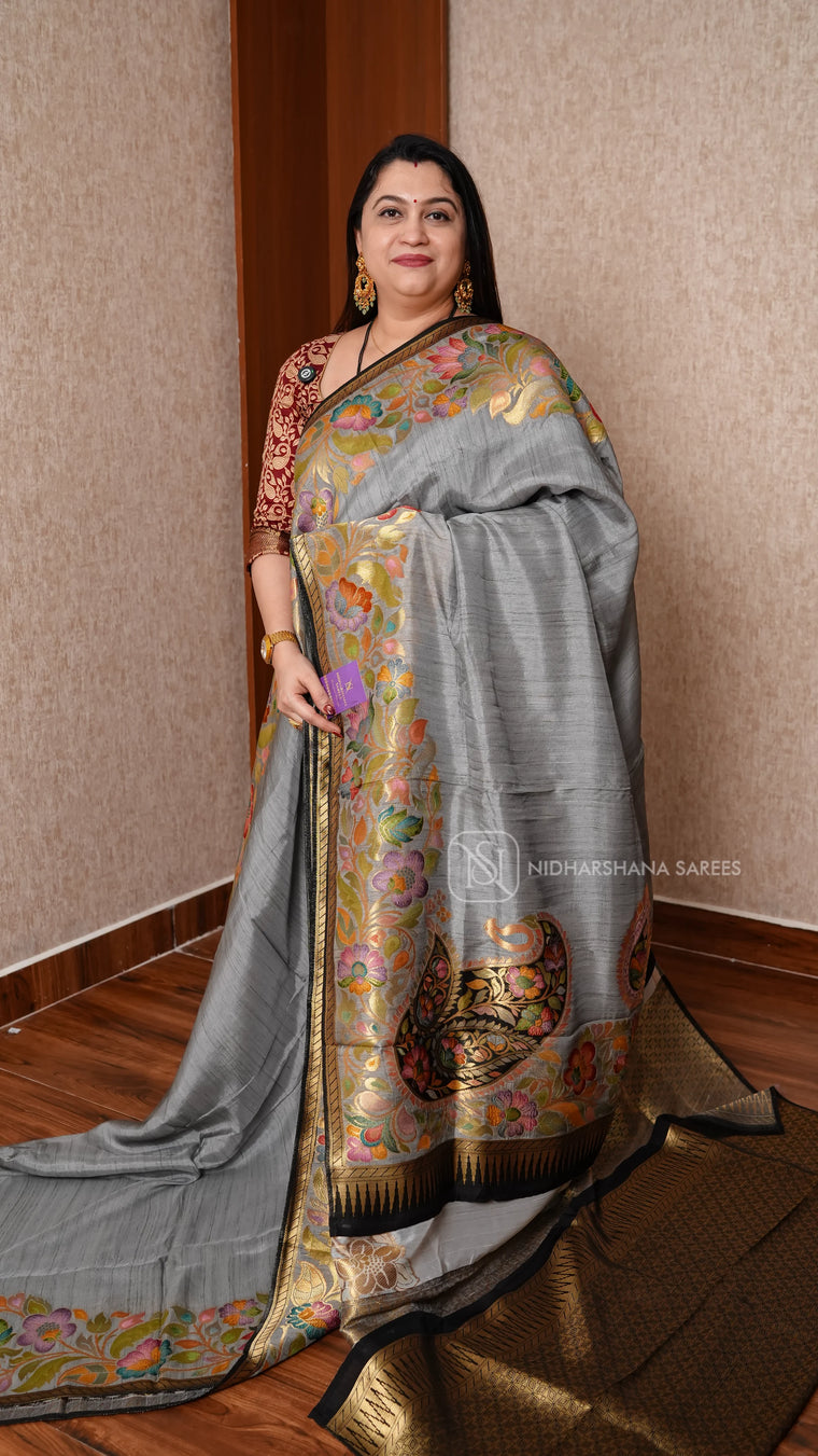 Tussar Viscose Saree With Turning Meena Border Concept