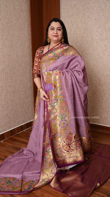 Tussar Viscose Saree With Turning Meena Border Concept