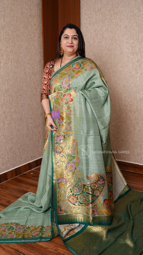 Tussar Viscose Saree With Turning Meena Border Concept