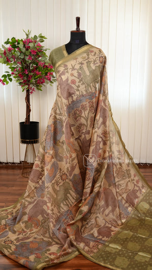 Chanderi Saree With Kalamkari Printed Concept And Zari Ribbon Style Border
