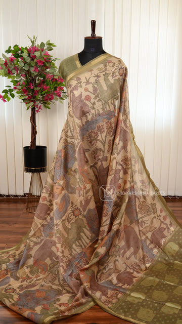 Chanderi Saree With Kalamkari Printed Concept And Zari Ribbon Style Border