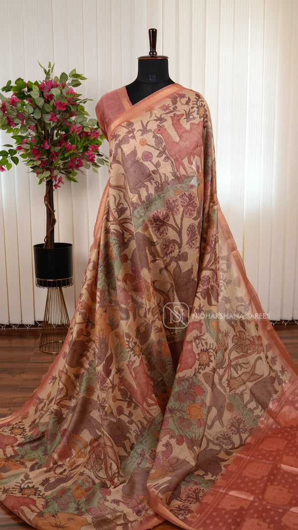 Chanderi Saree With Kalamkari Printed Concept And Zari Ribbon Style Border