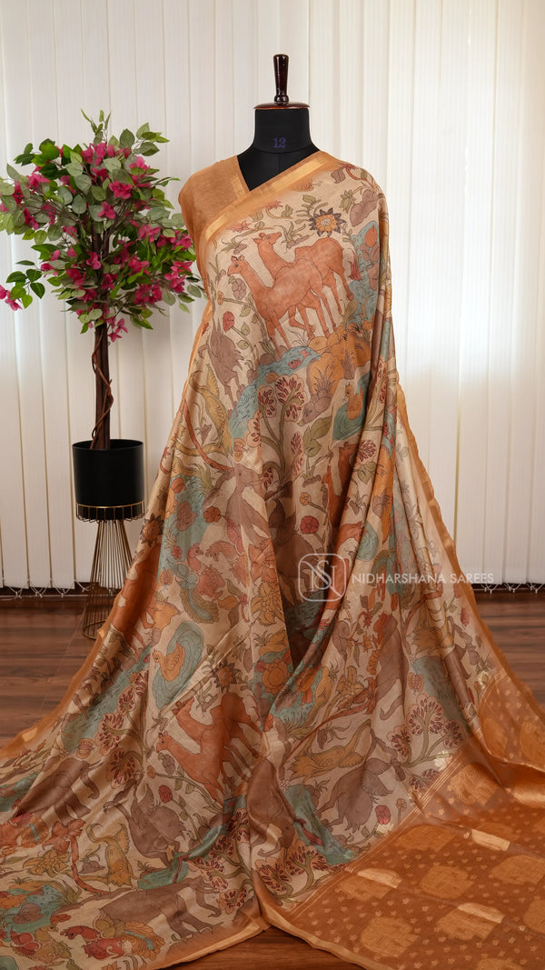 Chanderi Saree With Kalamkari Printed Concept And Zari Ribbon Style Border