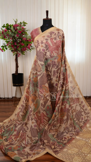 Chanderi Saree With Kalamkari Printed Concept And Zari Ribbon Style Border