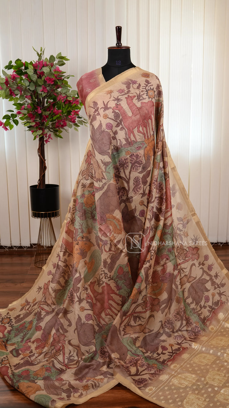 Chanderi Saree With Kalamkari Printed Concept And Zari Ribbon Style Border
