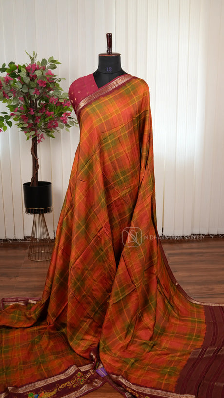 Premium Viscose Dola Saree With Stylish Burberry Check Pattern Saree