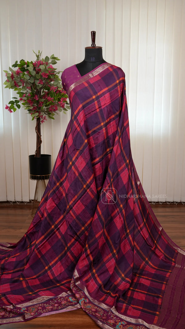 Premium Viscose Dola Saree With Stylish Burberry Check Pattern