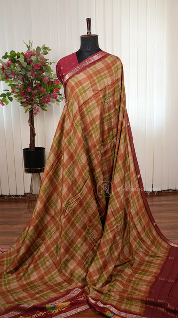 Premium Viscose Dola Saree With Stylish Burberry Check Pattern Saree