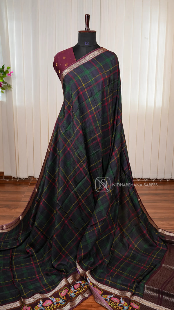 Premium Viscose Dola Saree With Stylish Burberry Check Pattern Saree