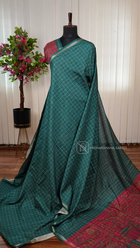 Semi Raw Silk Saree With Checks Concept And Digital Print Pallu