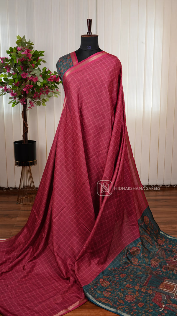 Semi Raw Silk Saree With Checks Concept And Digital Print Pallu