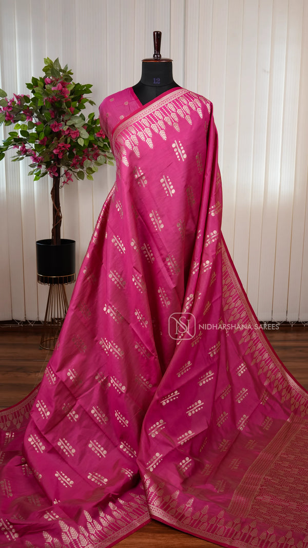 Semi Tussar Silk Saree With Zari Woven Butta And Leaf Border