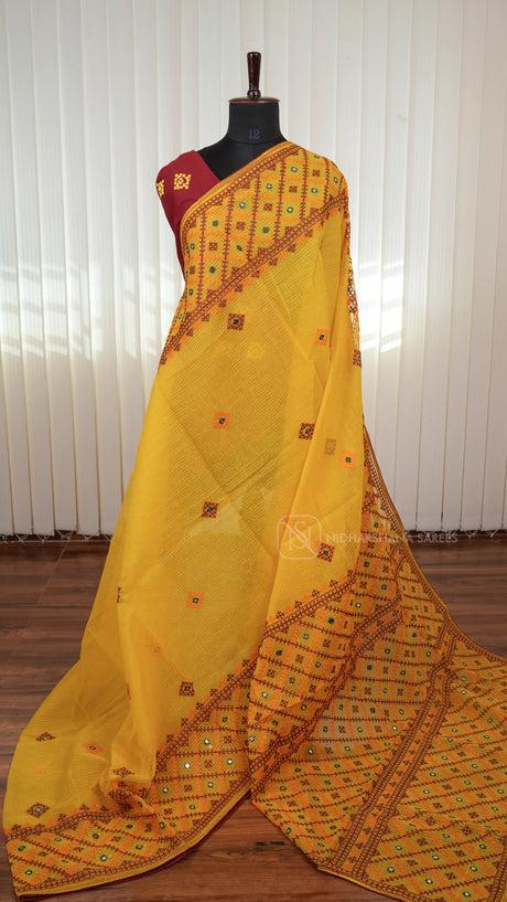 Kota Cotton Saree with Kutch Embroidery And Mirror Work