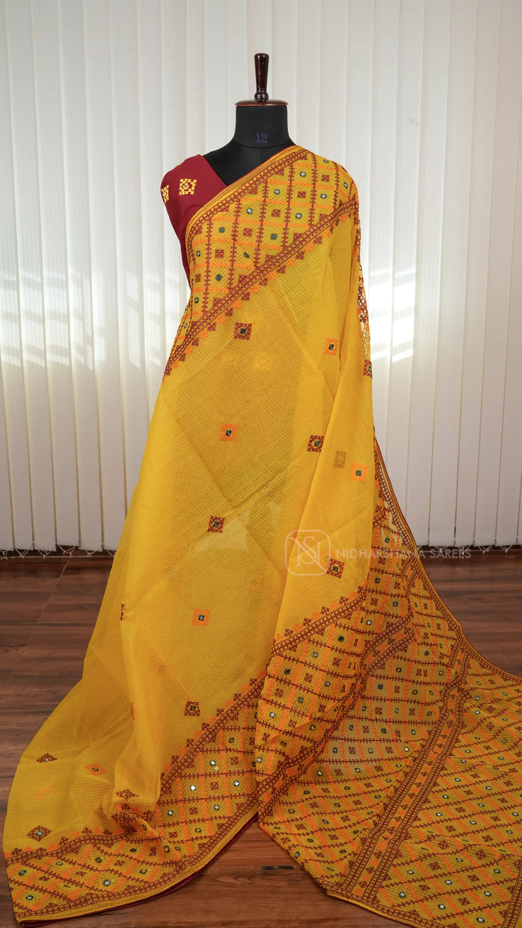 Kota Cotton Saree with Kutch Embroidery And Mirror Work