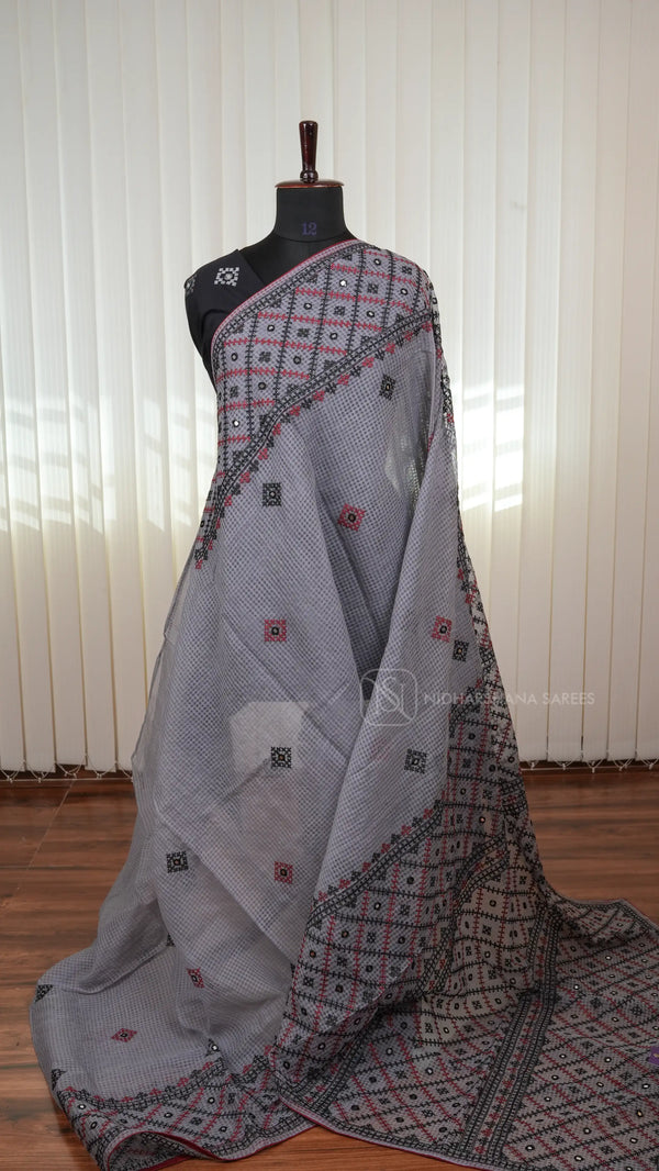 Kota Cotton Saree with Kutch Embroidery And Mirror Work