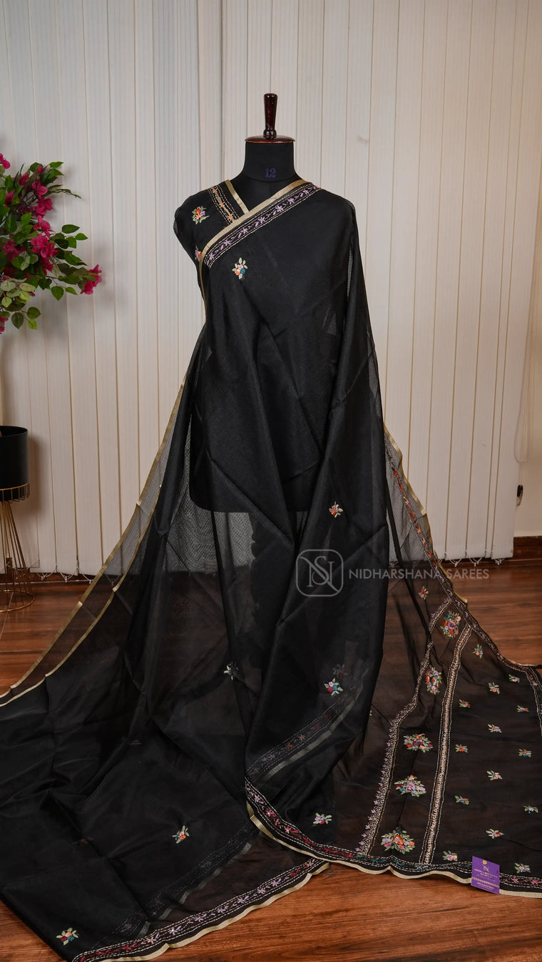 Semi Kota Saree With Thread Embroidery Butta And Katha Stitch Concept