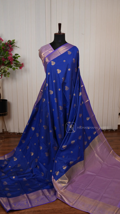 Semi Kanchipuram Silk Saree With Mango Motif Zari Butta And Contrast Zari Border