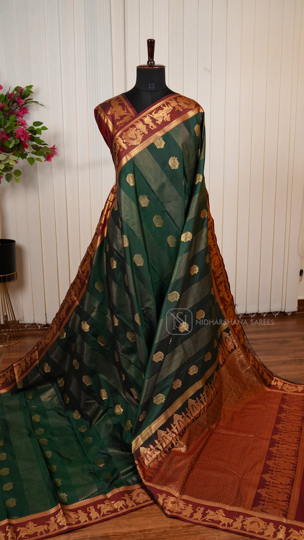 Semi Kanchipuram Silk Saree With Vertical Zari Lines And Traditional Concept Zari Border