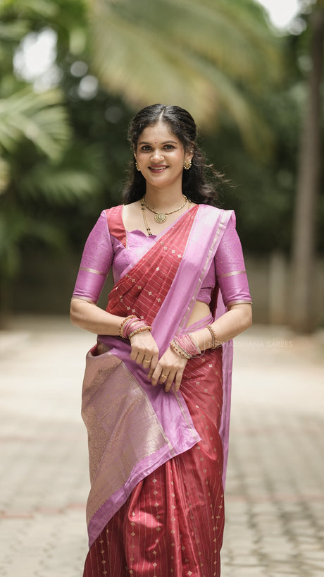 Semi Raw Silk With Zari Lines And Contrast Gap Border