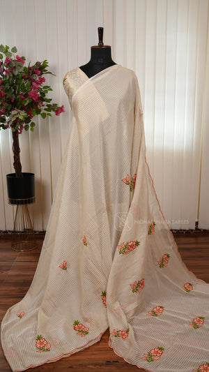 Crepe Silk Saree With Stripes And Floral Embroidery Concept