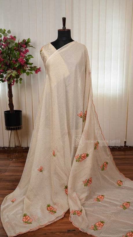 Crepe Silk Saree With Stripes And Floral Embroidery Concept