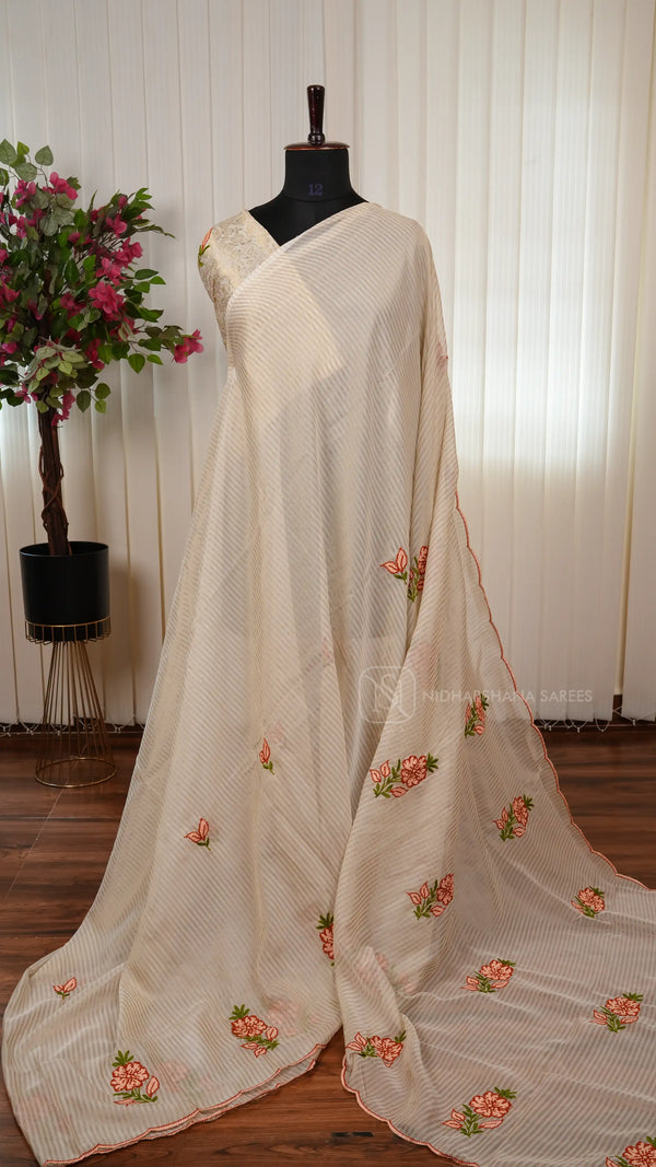 Crepe Silk Saree With Stripes And Floral Embroidery Concept