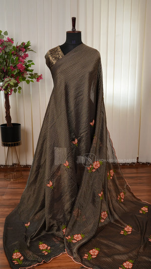 Crepe Silk Saree With Stripes And Floral Embroidery Concept