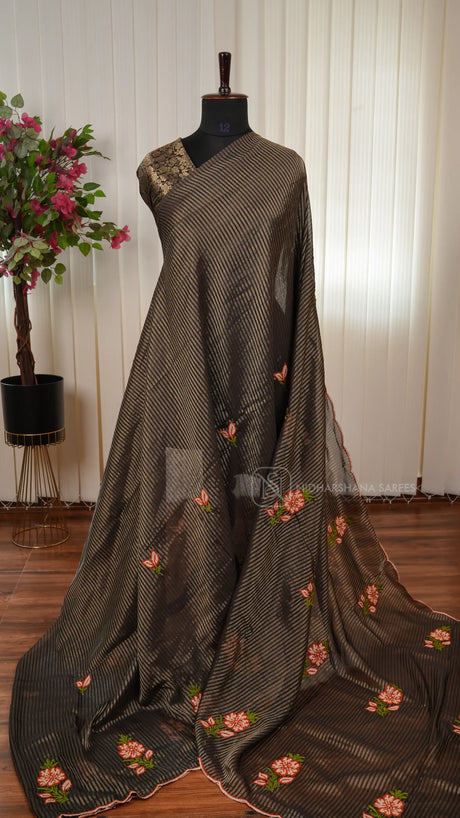 Crepe Silk Saree With Stripes And Floral Embroidery Concept
