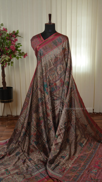 Tussar Silk Saree With Printed Concept And Ribbon Style Zari Border