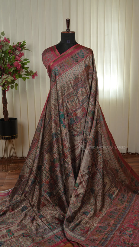 Tussar Silk Saree With Printed Concept And Ribbon Style Zari Border